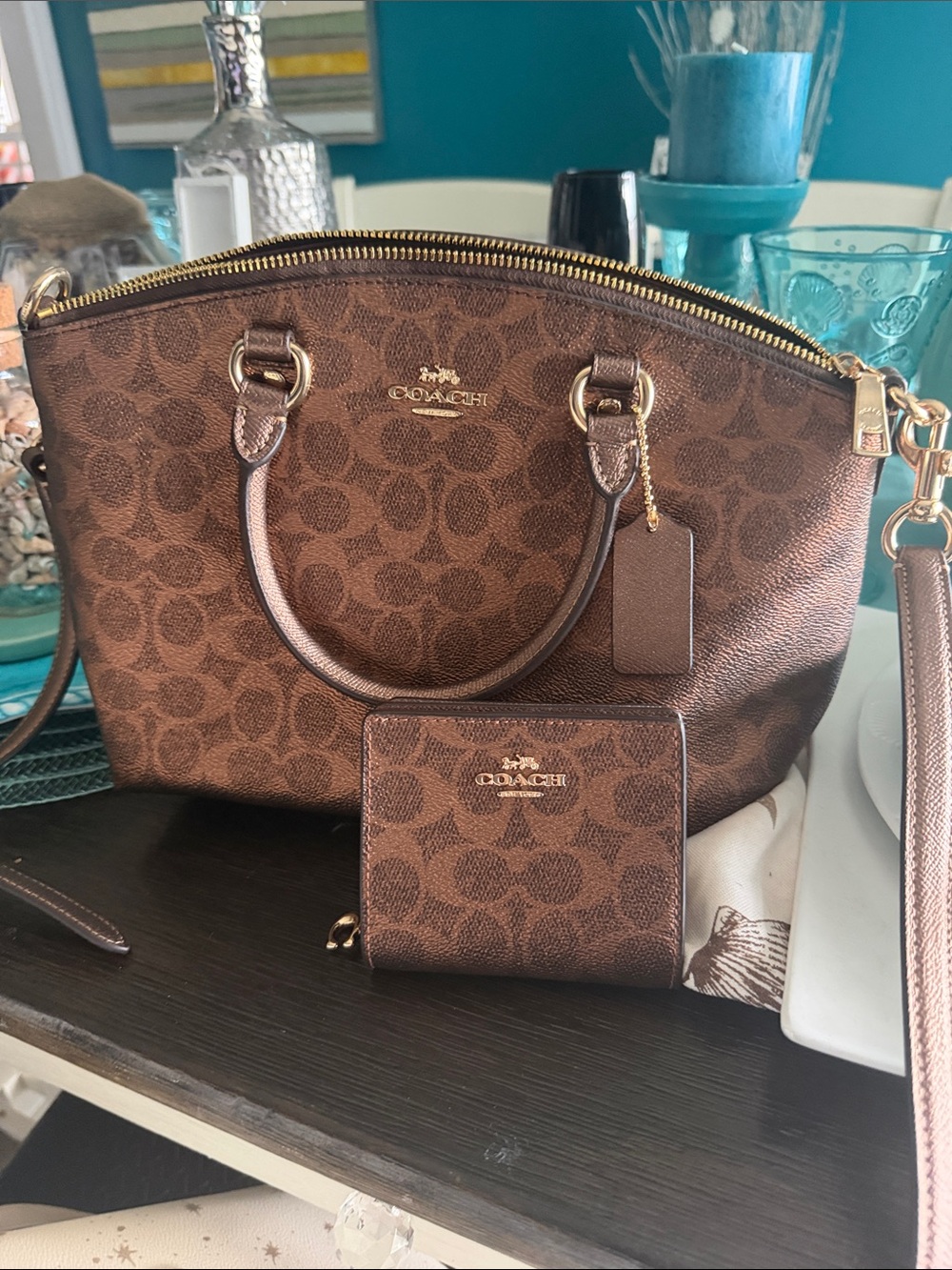 Coach Brown Signature Dome Satchel with Matching Wallet Set
